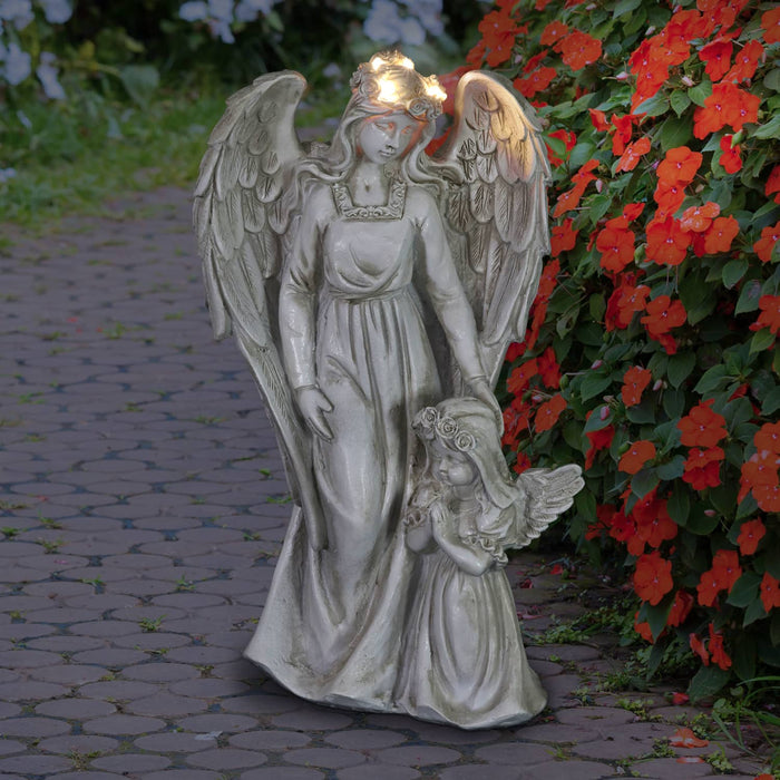 Angel and Little Girl Angel Resin Garden Statue with LED Halo on a Battery Powered Timer, 8 by 14 Inches