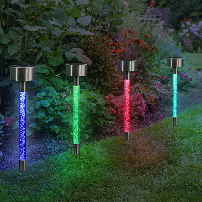 4 Piece Solar Stainless  Steel and Acrylic Color Changing Bubble Garden Stakes, 14 Inches tall