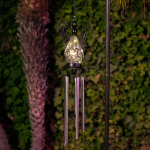 Solar Angel Glass and Metal Wind Chime with Fifteen LED Lights, 5 by 48 Inches | Shop Garden Decor by Exhart