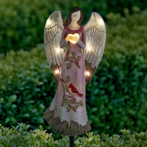 Solar Hand Painted Resin Angel Stake with Heart and Cardinal, 5.5 by 18 Inches | Shop Garden Decor by Exhart