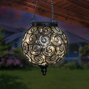 Solar Round Clear Glass and Metal Hanging Lantern with 15 Warm White LED Firefly String Lights, 7 by 21 Inches | Exhart