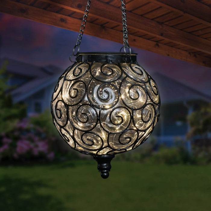 Solar Round Clear Glass and Metal Hanging Lantern with 15 Warm White LED Firefly String Lights, 7 by 21 Inches