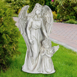 Angel and Little Girl Angel Resin Garden Statue with LED Halo on a Battery Powered Timer, 8 by 14 Inches | Exhart