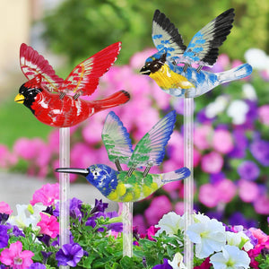 Solar WindyWing Garden Stake Set of Cardinal, Hummingbird and Blue Bird with Colored LED Lights, 4 by 27 Inch | Exhart