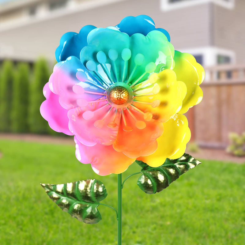 Rainbow Colored Flower Bouncing Metal Garden Stake,11 x 7 x 37 Inches