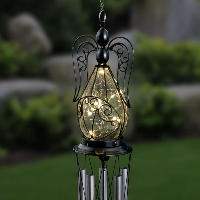 Solar Angel Glass and Metal Wind Chime with Fifteen LED Lights, 5 by 48 Inches