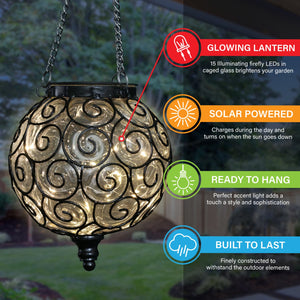 Solar Round Clear Glass and Metal Hanging Lantern with 15 Warm White LED Firefly String Lights, 7 by 21 Inches | Exhart