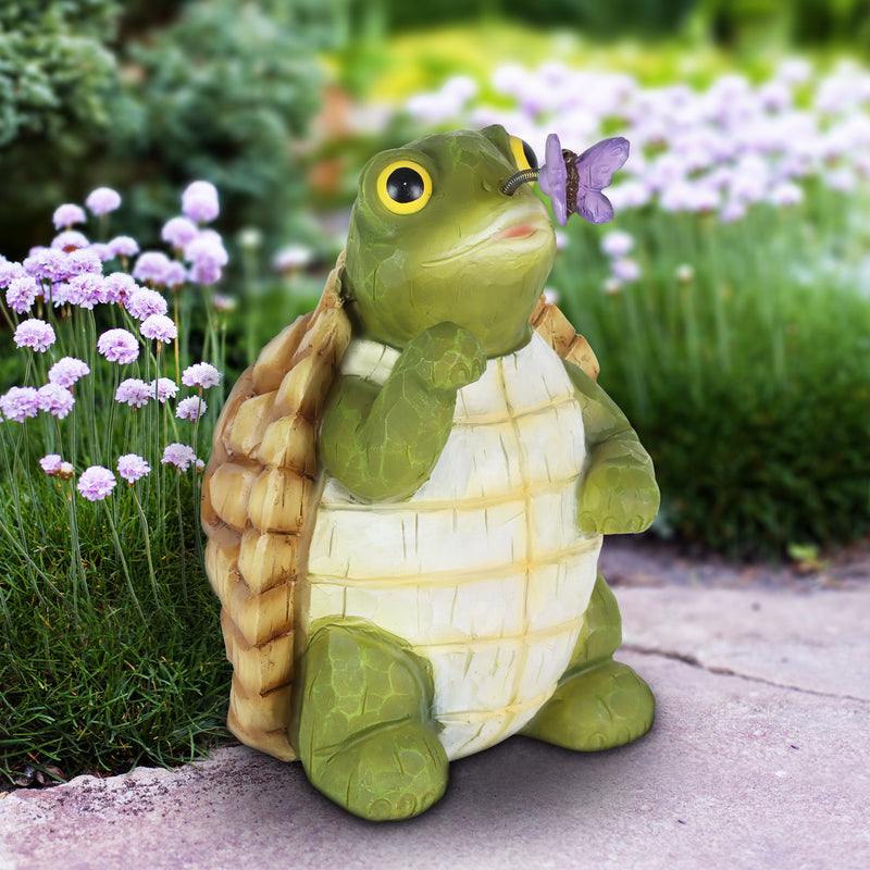 Solar Turtle With Butterfly Garden Statue, 8 Inches Tall