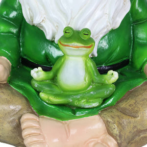 Solar Good Time Meditating Gnamaste Gnome in Lotus Position with Frog Garden Statuary, 8 by 10.5 Inch | Exhart