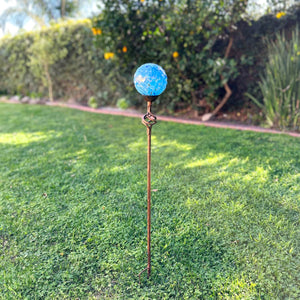 Solar Pearlized Honeycomb Glass Ball Garden Stake with Metal Finial in Light Blue, 4 by 31 Inches | Exhart