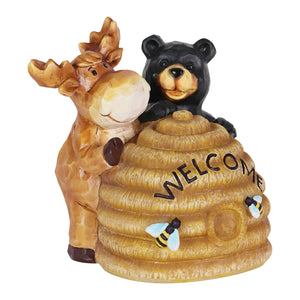 Solar Hand Painted Welcome Bee Hive Statuary with Bear and Moose, 8.5 by 8.5 Inches | Shop Garden Decor by Exhart