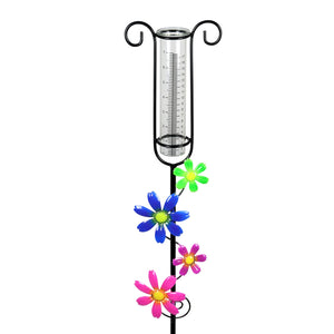 Glass and Metal Rain Gauge Garden Stake with Multicolored Hand Painted Pink, Blue, Purple and Green Flowers, 42 Inches | Exhart