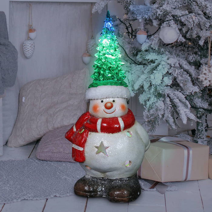 Snowman with Color Changing LED Christmas Tree Hat Statuary, 5.5 by 11 Inches