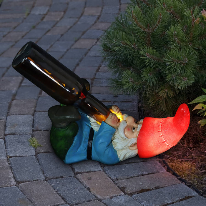 Good Time Beer Bottle Holder Gnome Statue with LED Hat on a Battery Powered Timer, 10.5 by 5 Inches