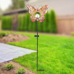 Solar Fleur de Lis Filigree Metal Butterfly Stake with Glass Crackle Ball Center in Bronze, 11.5 by 39 Inches | Exhart