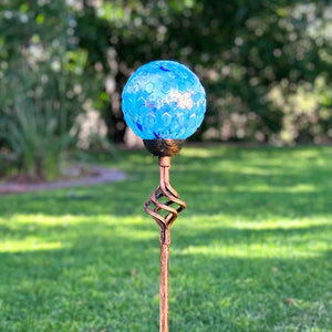 Solar Pearlized Honeycomb Glass Ball Garden Stake with Metal Finial in Light Blue, 4 by 31 Inches | Exhart