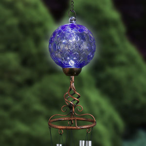 Solar Pearlized Blue Honeycomb Glass Ball Wind Chime with Metal Finial Detail, 5 by 46 Inches | Shop Garden Decor by Exhart