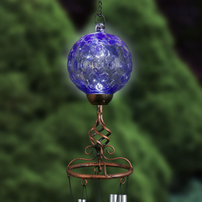 Solar Pearlized Blue Honeycomb Glass Ball Wind Chime with Metal Finial Detail, 5 by 46 Inches