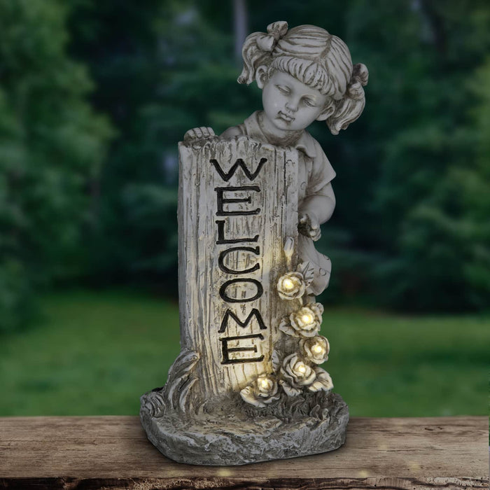 Solar Girl with Welcome Sign Statue in Natural Resin Finish, 17 Inch