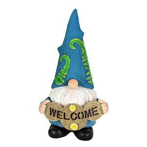 Solar Hand Painted Blue Hat with Vines Garden Gnome Statue with Welcome Log, 6.5 by 12 Inches | Shop Garden Decor by Exhart