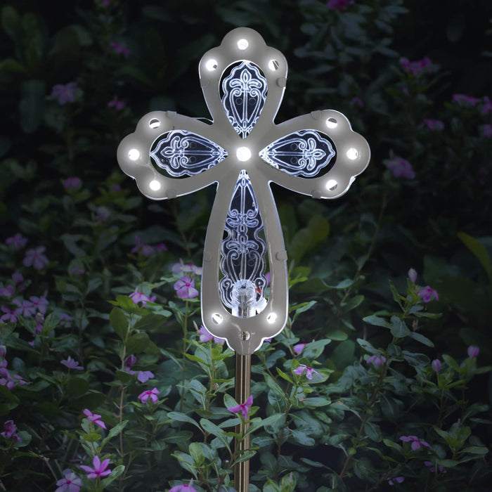 Solar Acrylic and Metal White Cross Garden Stake with Thirteen LED Lights, 4 by 34 Inches