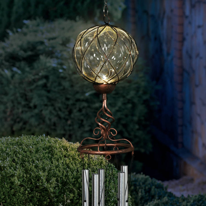 Solar Caged Clear Glass Wind Chime with Metal Finial, 6 by 45 Inches