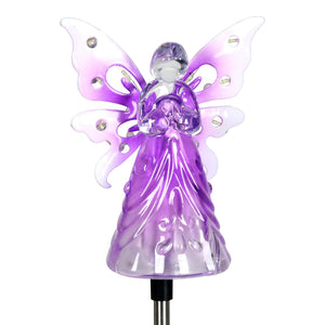 Solar Acrylic Angel with Wings and Twelve LED lights Metal Garden Stake in Purple, 4 by 34 Inches | Exhart