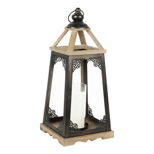 Antiqued Wood and Metal Candle Lantern  with LED Candle, 17 Inch | Shop Garden Decor by Exhart