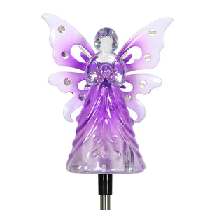 Solar Acrylic Angel with Wings and Twelve LED lights Metal Garden Stake in Purple, 4 by 34 Inches | Exhart