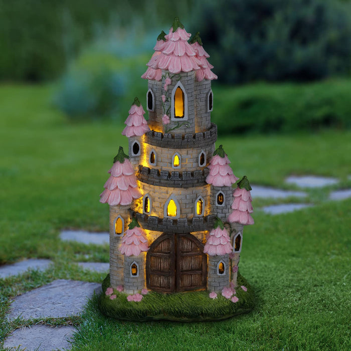 Solar Hand Painted Fairy Castle Garden Statue, Pink Petal Roof, 5.5 by 10 Inches