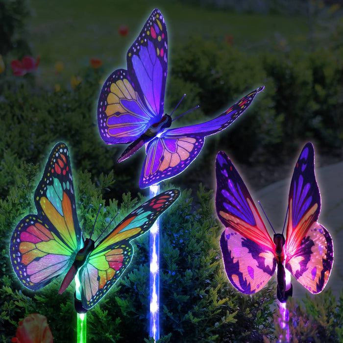 Solar Fiber Optic Color Changing Butterfly Garden Stake Set of 3 with LED Stake, 5 by 30 Inches