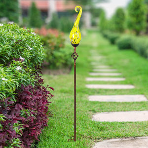 Solar Hand Blown Yellow Glass Spiral Flame Garden Stake with Metal Finial Detail, 36 Inch | Shop Garden Decor by Exhart