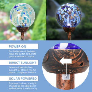 Solar Pearlized Honeycomb Glass Ball Garden Stake with Metal Finial in Light Blue, 4 by 31 Inches | Exhart