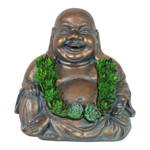 Solar Happy Buddha Garden Statue  In Bronze Look With Succulents, 10 Inch | Shop Garden Decor by Exhart