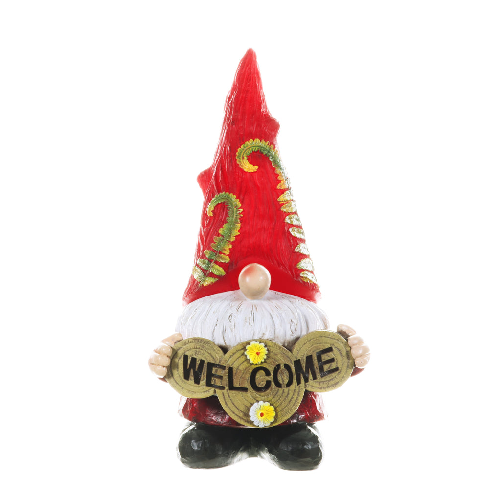 Solar Hand Painted Red Hat with Vines Garden Gnome Statue with Welcome Log, 6.5 by 12 Inches