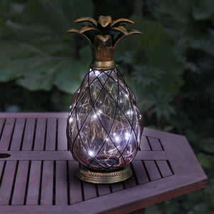 Solar Pineapple Lantern in Amber Glass with Bronze Finish and Fifteen LED Firefly String Lights, 13 Inch | Exhart