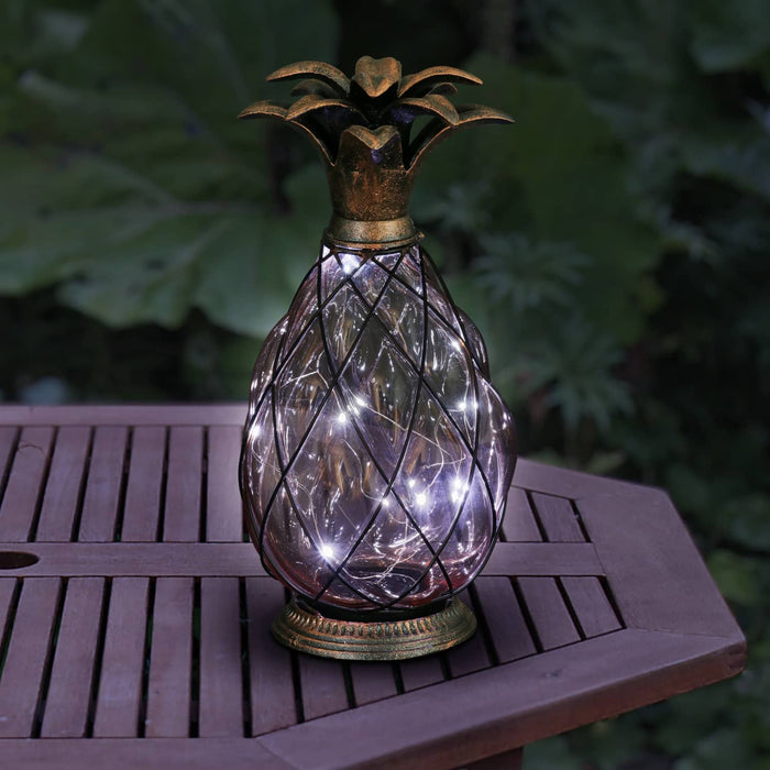 Solar Pineapple Lantern in Amber Glass with Bronze Finish and Fifteen LED Firefly String Lights, 13 Inch