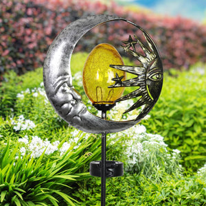 Solar Silver Sun and Moon Garden Stake with Amber Glass Center, 8 by 38 Inches | Shop Garden Decor by Exhart