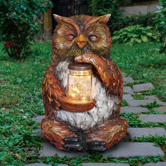 Solar Owl Garden Statue Holding a Glass Jar with Eight LED Firefly String Lights, 7 by 10 Inches
