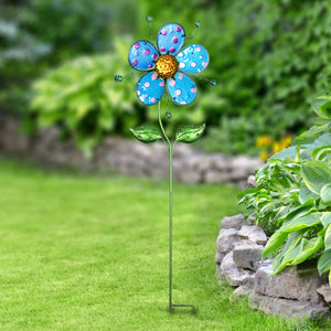 Whimsical Blue Flower Garden Stake Made of Glass and Metal, 11 by 36 Inches | Shop Garden Decor by Exhart