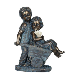 Faux Bronze Solar Boy and Girl in Wheelbarrow Garden Statue, 10 by 13 Inches | Shop Garden Decor by Exhart