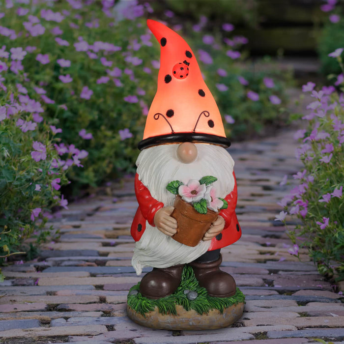 Solar Ladybug Hat Gnome Statue with Pink Flower Pot, 5 by 12.5 Inches