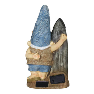 Solar Good Time Surfing Sol Beach Bum Gnome Garden Statue with Relax Marquee Surfboard Sign, 15.5 Inch | Exhart