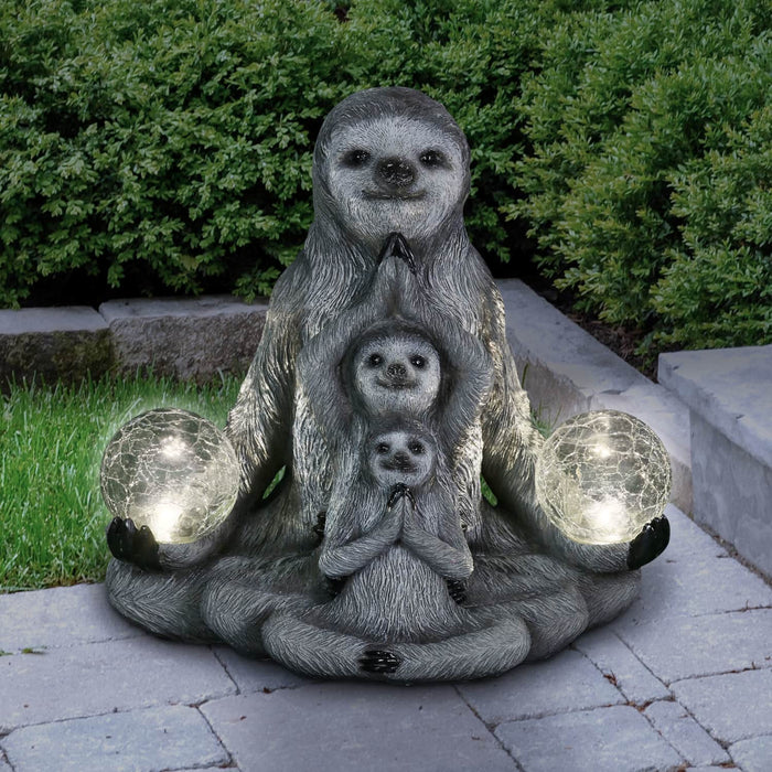 Solar Three Meditating Sloths in Lotus Position with Two LED Crackle Balls Statuary, 10 Inch