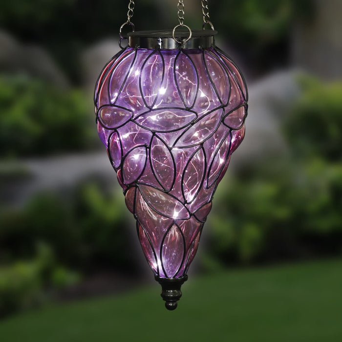 Solar Tear Shaped Lavender Hand Blown Glass Hanging Lantern with Fifteen Cool White LED lights, 7 by 24 Inches