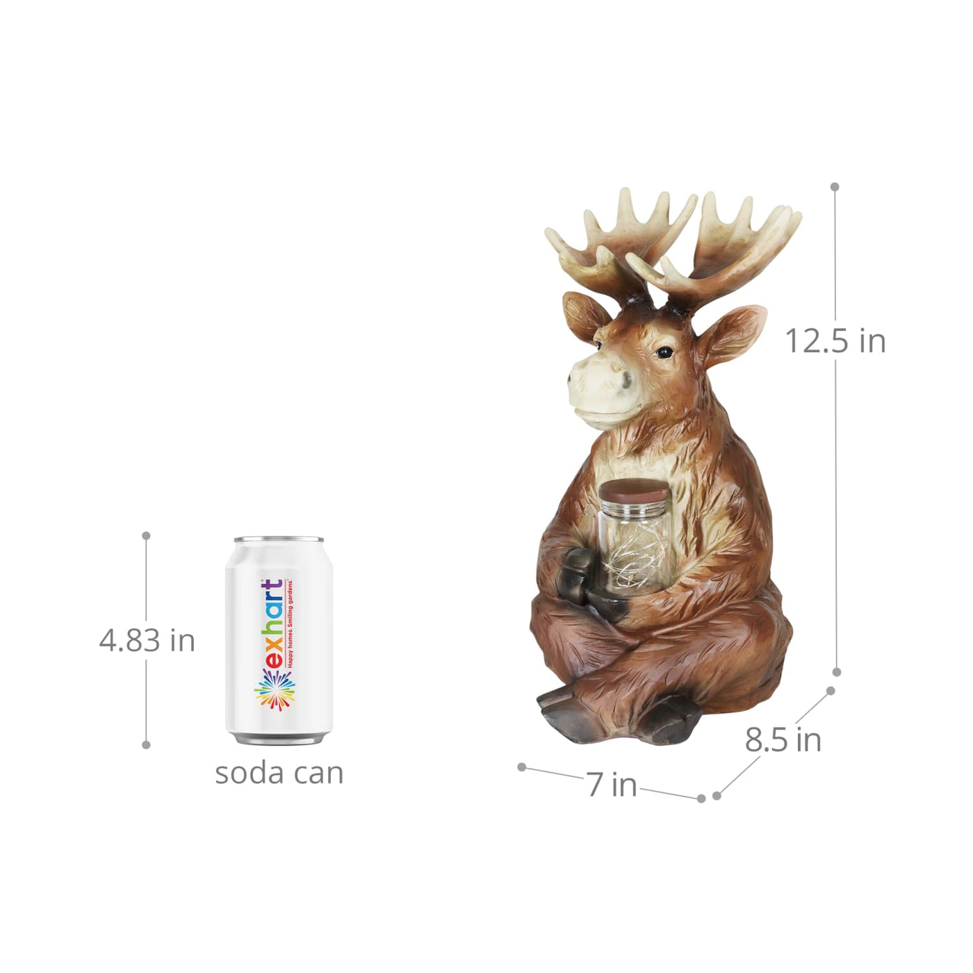 Solar Moose Garden Statue Holding a Glass Jar with Eight LED Firefly ...