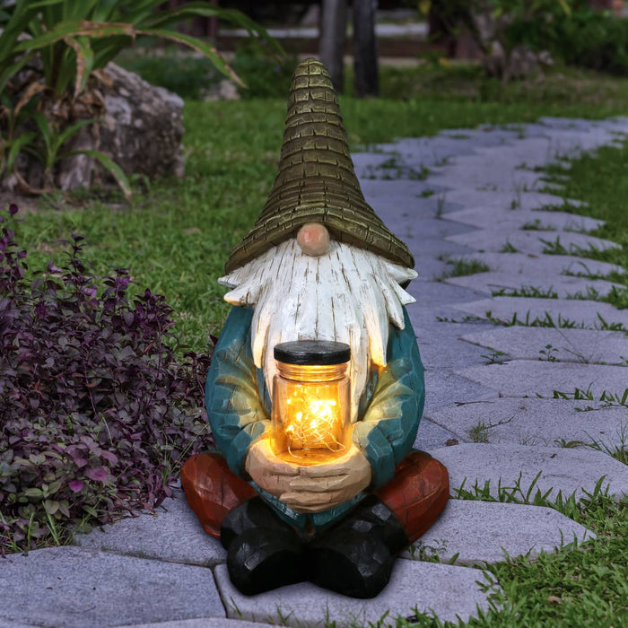 Solar Sitting Garden Gnome with LED Firefly Jar Statuary, 6 by 11.5 Inch