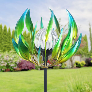 Solar Metal Green Spinning Flower Stake with LED Crackle Ball, 10 by 42 Inches | Shop Garden Decor by Exhart