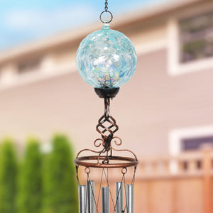 Solar Pearlized Light Blue Honeycomb Glass Ball Wind Chime with Metal Finial Detail, 5 by 46 Inches | Exhart