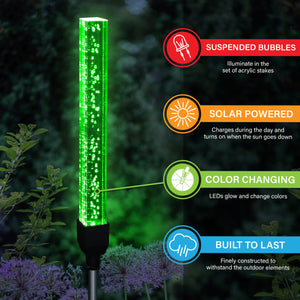 2 Piece Solar Suspended Bubble Acrylic Square Garden Stakes with Color Changing LEDs, 2 by 29.5 Inches | Exhart